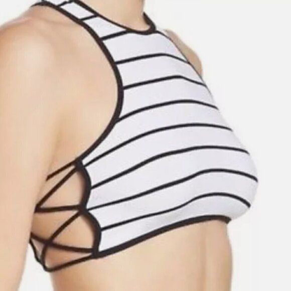 Free People NWOT Black and White Striped Side Cross Cropped Brami Tank Top M/L - Picture 3 of 6